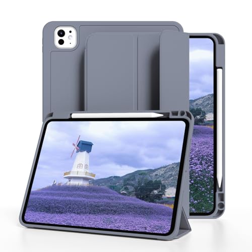 GKABXY Neue Hülle für iPad Pro 13 Zoll (Modell 2024, 7. Generation) mit Pencil-Halter, Dreifach Faltbarer Ständer, unterstützt Pencil Pro und Pencil (USB-C), Auto Schlafen/Wachen, Violett von GKABXY