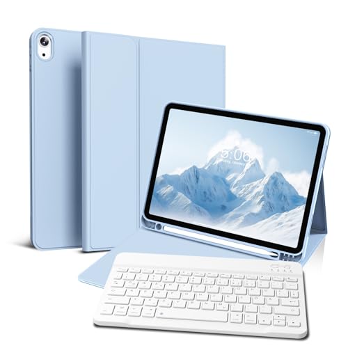 GKABXY Hülle mit Tastatur für iPad Air 11 Zoll M3/M2, iPad Air 7 6 5 4 (2025/2024/2022/2020) 10,9 Zoll, Soft TPU Rückschale mit Stifthalter, magnetisch Bluetooth Tastatur, QWERTZ Layout, Hellblau von GKABXY
