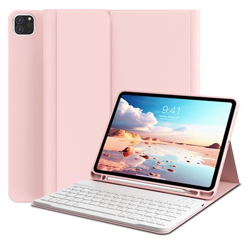 GKABXY Hülle mit Tastatur für iPad Pro 11 4. / 3. / 2. Generation 2022/2021/2020 mit stifthalter, Magnetische Abnehmbare Bluetooth-Tastatur, QWERTZ Layout, für iPad Pro 11 Zoll, Rosa von GKABXY