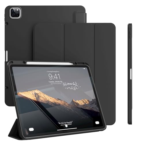 GKABXY Hülle für iPad Pro 12,9 Zoll 6./5./4. Generation (2022/2021/2020) mit Pencil-Halter [Unterstützt Aufladen/Paaren des iPad 2. Pencil], Weiche TPU-Rückseite, Auto Sleep/Wake, Schwarz von GKABXY
