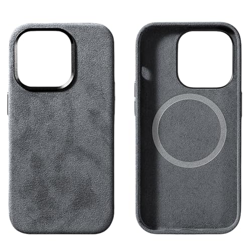 Alcantara Wildleder-Schutzhülle für iPhone 15/15 Plus/15 Pro/15 Pro Max, kompatibel mit MagSafe aus echtem italienischem Wildleder, handgefertigt, ultradünn, rutschfest, stoßfest, kratzfest, grau, 15 von GKDLHGO