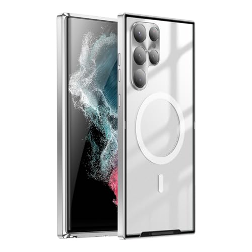 Entworfen für Samsung Galaxy S24 Ultra/S24 Plus/S24 Hülle, [kompatibel mit MagSafe], ultradünne, leichte, galvanisierte Aluminium-Metall-Stoßstange, durchscheinende, matte PC-Rückseite, Silber, S24 von GKDLHGO