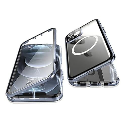 Hülle für iPhone 15/15 Plus/15 Pro/15 Pro Max, kompatibel mit MagSafe Magnetic Attraction Front Tempered Glass Back Matte Translucent Metal Bumper Case, Blau, 15 Pro von GKDLHGO