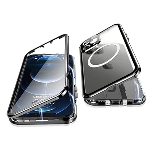 Hülle für iPhone 15/15 Plus/15 Pro/15 Pro Max, kompatibel mit MagSafe Magnetic Attraction Front Tempered Glass Back Matte Translucent Metal Bumper Case, Schwarz, 15 Pro Max von GKDLHGO