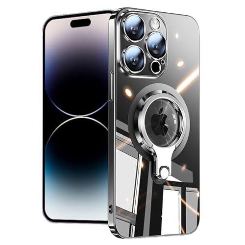 Hülle für iPhone 15/15 Plus/15 Pro/15 Pro Max, [kompatibel mit Magsafe] 360° drehbarer Ringhalter unsichtbarer Ständer Kameralinse Vollschutz Luxus Plating Transparente Hülle, Schwarz, 15 Plus von GKDLHGO