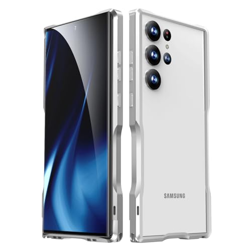 Metall-Schutzhülle für Samsung Galaxy S24 Ultra, Stoßfänger aus Aluminiumlegierung mit weichem TPU-Innenfutter, kein Rückendesign, keine Signalstörungen, stoßdämpfender Rand, Rahmenhülle, Silber von GKDLHGO