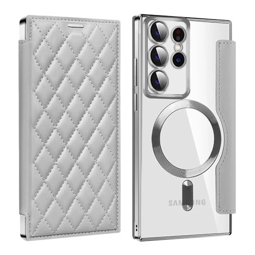 Schutzhülle für Samsung Galaxy S24 Ultra/S24 Plus/S24, hochwertiger gesteppter Lederrahmen, vergilbungsfrei, kristallklare Rückseite, stoßfeste Schale mit Kartenhalter, Grau, S24 von GKDLHGO