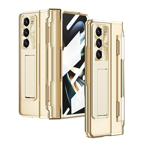 Schutzhülle für Samsung Galaxy Z Fold 4 2022, einteilige Beschichtung, HD, transparente Hülle mit flachem Scharnierschutz und eingebautem Displayschutz und Metall-Kameralinsenschutz und Ständer, Gold Schutzhülle für Samsung Galaxy Z Fold 4 2022, einteilige Beschichtung, HD, transparente Hülle mit flachem Scharnierschutz und eingebautem Displayschutz und Metall-Kameralinsenschutz und Ständer, Gold von GKDLHGO