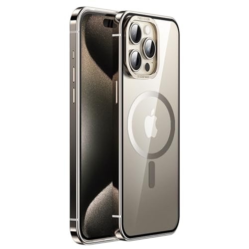 Transparente Hülle für iPhone 15 Pro Max/15 Pro/15, [kompatibel mit MagSafe], ultradünne, leichte, galvanisierte Edelstahl-Metallrahmen, vergilbungsfreie Schale, natürliches Titan, 15 Pro Max von GKDLHGO