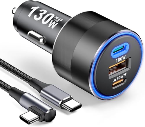 130W USB C Auto Schnellladegerät mit 100W Kabel, PD 100W PPS 45W QC5 30W Zigarettenanzünder Typ C Ladegerät für iPad Pro MacBook Air Laptop iPhone 15 14 13 Max Plus Samsung S24 S23 von GKEAPZA