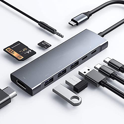 USB C Hub Adapter für iPad Pro MacBook Pro Air M1 M2 2022-2018, 9in1 USB C hub mit 4K HDMI,3.5mm Jack, 3xUSB 3.0, SD/TF Kartenleser, 60W USB-C Aufladung, USB-C 3.0 Datenübertragung von GKEAPZA