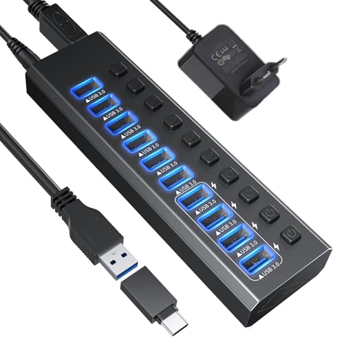 USB Hub Aktiv 3.0 mit 48W(12V/4A) Netzteil, Aluminium 10 Ports USB 3.0 Hub zum Laden und zur Datenübertragung, USB 3.0 Mehrfach Ports Verteiler mit EIN/Aus-Schalter und LED von GKEAPZA