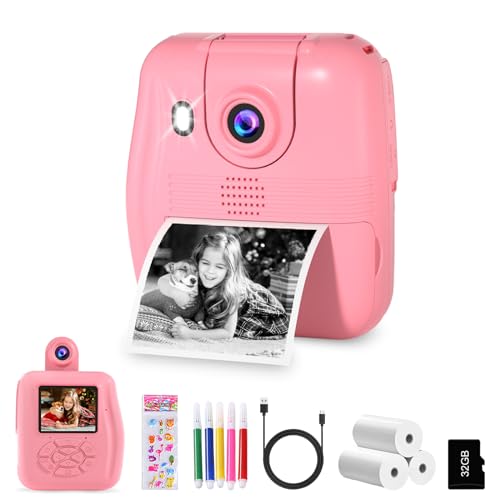 GKTZ Kinderkamera Sofortbildkamera - 1080P Sofortbildkamera Kinder mit Druckpapier-16x Digitalzoom 2.4" Bildschirm- DigitalKamera mit 32G TF Karte,Weihnachten Geschenk 3-12 Jahren Jungen und Mädchen von GKTZ