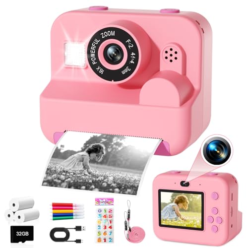 GKTZ Sofortbildkamera für Kinder - Geburtstag Geschenk für Mädchen im Alter von 4 5 6 7 8 9 10 Jahren, Spielzeug mit 3 Rollen Fotopapier 1080P Fotoapparat Kinder Kamera mit Druckpapier (Rosa) von GKTZ