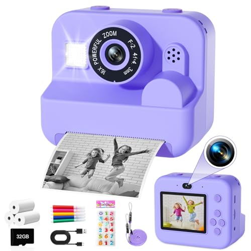 GKTZ Sofortbildkamera für Kinder - Geburtstag Geschenk für Mädchen im Alter von 4 5 6 7 8 9 10 Jahren, Spielzeug mit 3 Rollen Fotopapier 1080P Fotoapparat Kinder Kamera mit Druckpapier (Purple) GKTZ Sofortbildkamera für Kinder - Geburtstag Geschenk für Mädchen im Alter von 4 5 6 7 8 9 10 Jahren, Spielzeug mit 3 Rollen Fotopapier 1080P Fotoapparat Kinder Kamera mit Druckpapier (Purple) von GKTZ