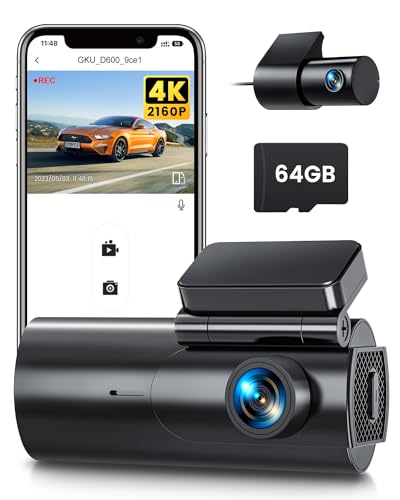 Dashcam Auto Vorne Hinten 4K/2,5K WiFi Dash Cam mit 64GB SD Karte, Dual Auto Kamera mit Parküberwachung, Super Nachtsicht, WDR, 170° Weitwinkel, G-Sensor, Loop-Aufnahme, APP Steuerung, Max 256GB von GKU