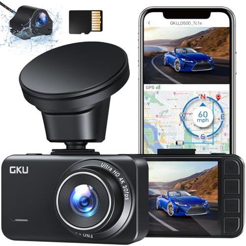 GKU Dashcam Auto Vorne Hinten 4K+2,5K - GPS WiFi Dash Cam mit 32GB SD Karte,24Std Parküberwachung,Dual Autokamera mit 170°Weitwinkel,Loop-Aufnahmen,G-Sensor,Verbesserte Nachtsicht D500[Neues Upgrade] von GKU