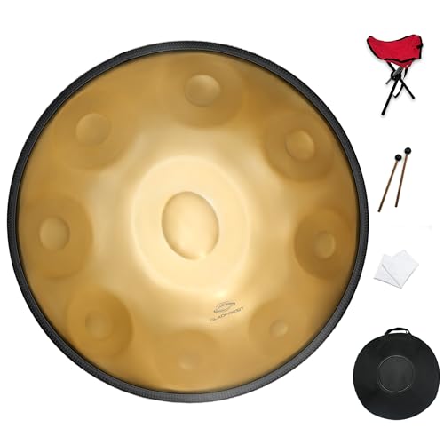 GLADFRESIT 432hz Handpan Steel Drum 9 Notes 22inch "GOLD Performer" in D Minor with handpan stand, handpan case, durable mallets and dust-free cloth (432 Hz) von GLADFRESIT