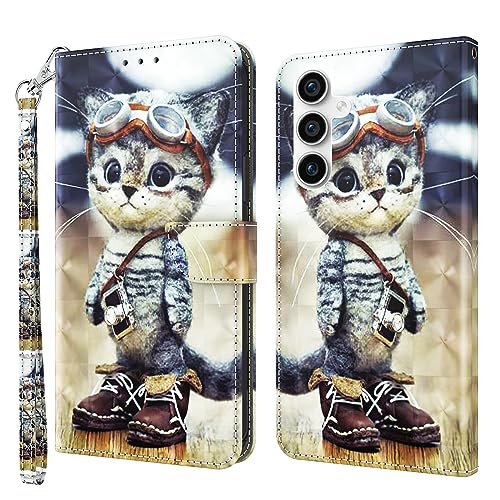 GLANDOTU Handyhülle für Samsung Galaxy S23 FE 2023 Lederhülle Klapphülle Premium Leder Brieftasche Schutzhülle [Kartenfach][Standfunktion] Handytasche Cover Case für Samsung S23 FE - Kluge Katze von GLANDOTU