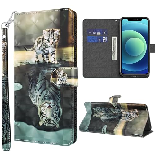 GLANDOTU Lederhülle für Xiaomi 14 Hülle, Kartensteckplätzen Muster Flip Motive Wallet Handyhülle Tasche Case Schutzhülle Kompatibel mit Xiaomi 14 Hülle - Katze & Tiger von GLANDOTU