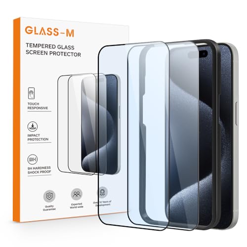 GLASS-M Anti-Blaulicht-Displayschutzfolie für iPhone 15 Pro, vollständige Abdeckung, gehärtetes Glas, Blaulicht, blockierende Bildschirmabdeckung mit einfachem Installationsset, 2 Stück von GLASS-M