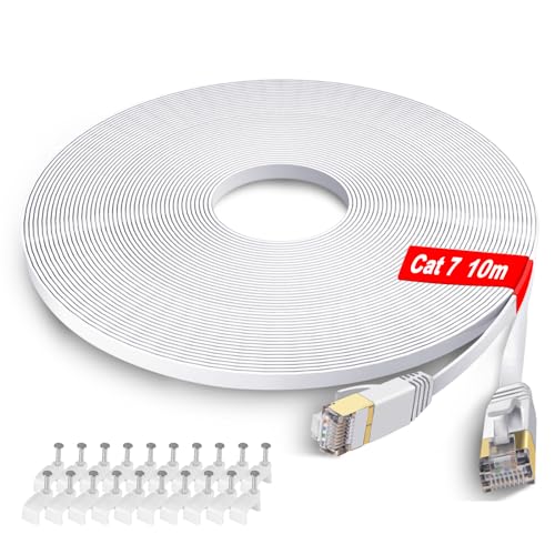 GLCON Cat 7 LAN Kabel 10meter Netzwerkkabel Flach Gigabit 10Gbit/s Ethernet Kabel Cat6 Cat7 RJ45 WLAN Internet Patchkabel für PS5/PS4 Switch Modem Xbox PC Smart TV Weiß von GLCON