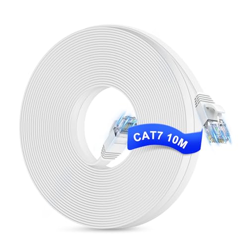 GLCON Cat 7 LAN Kabel 10meter Netzwerkkabel Flach Gigabit 10Gbit/s Ethernet Kabel Cat6 Cat7 RJ45 WLAN Internet Patchkabel für PS5/PS4 Switch Modem Xbox PC Smart TV Weiß von GLCON