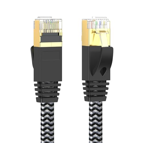 GLCON LAN Kabel 10meter CAT 7 Gigabit 10000Mbit/s Netzwerkkabel Flach Geflochten Blau und Schwarz Ethernet Kabel RJ45 Stecker für PS5/PS4 Xbox PC Game Console Modem Switch WLAN (Weiß) von GLCON