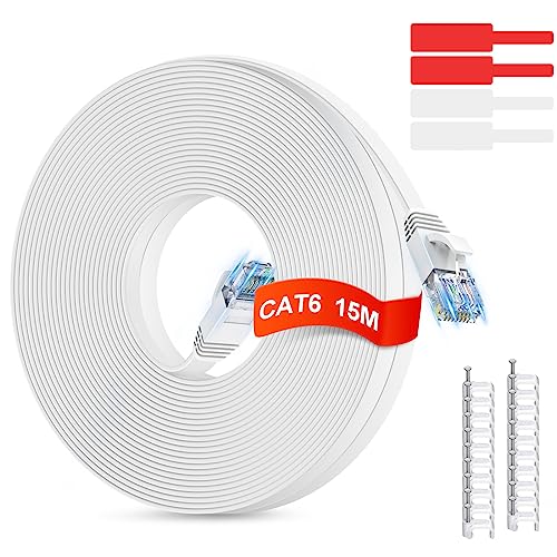 GLCON LAN Kabel 15 Meter CAT 6 Netzwerkkabel Hochgeschwindigkeits 1000Mbit/s Gigabit Flach Ethernet-Kabel Cat.5e Cat.6 RJ45 Internet Patchkabel für PC PS5 Xbox Switch Modem Weiß von GLCON