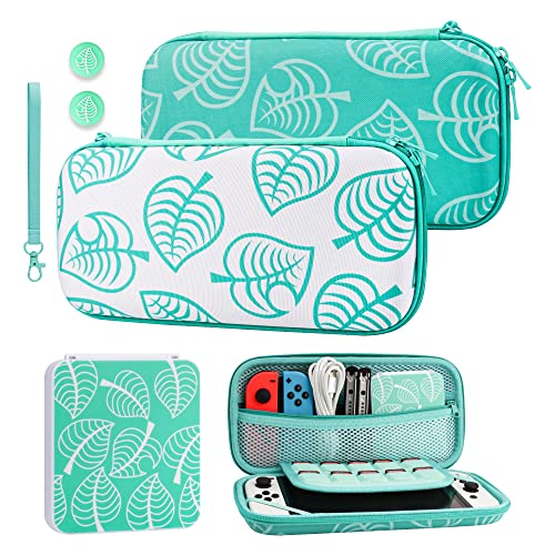 GLDRAM Green Carrying Case Bundle for Nintendo Switch and OLED Modle, Switch Travel Case Protector for Animal Leaf Crossing, Carrying Accessories Kit with Strap, Game Card Case Holder, Thumb Caps von GLDRAM