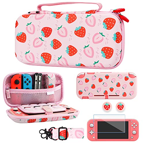 GLDRAM Tragetasche für Nintendo Switch Lite Hülle niedlich, rosa Reiseetui-Set mit weicher TPU-Abdeckung, Glas-Displayschutz, Schultergurt für Mädchen, vollständiger Schutz (Erdbeere) von GLDRAM