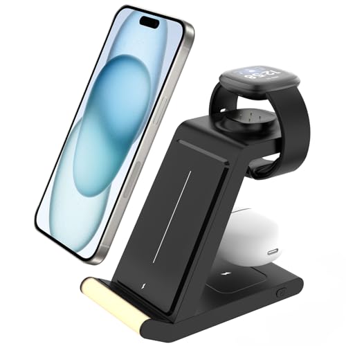 GLILAVOX 3 in 1 Induktive Ladestation für Fitbit Google Watch 2/Versa 3 / Versa 4 / Sense 2 / Sense, Wireless Charger Station für iPhones/Galaxy/Galaxy Bud Pro/AirPods (Nicht für Pixel Watch 1) von GLILAVOX