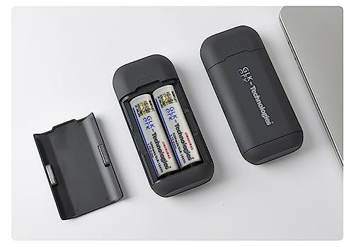 GLK-Technologies® 2X Akkuzellen Button Top 3200 mAh 3,7V gratis Powerbank 3in1 Ladegerät/Powerbank/Aufbewahrungsbox mit LED Anzeige Externer Akku USB-C Inpud 2025 B.J. von GLK-Technologies