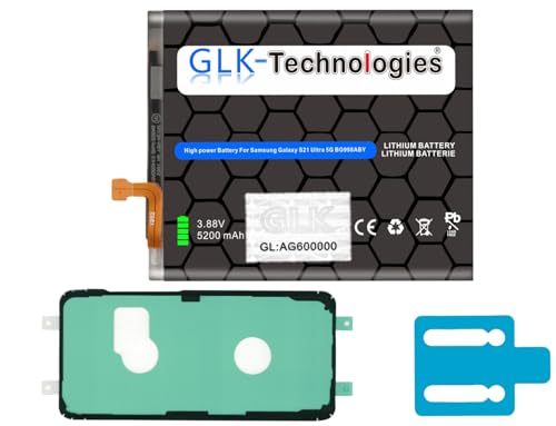 GLK-Technologies® High Power Ersatzakku kompatibel mit Samsung Galaxy S21 Ultra G998B EB-BG998ABY Battery accu 5200mAh Akku inkl. 2X Klebebandsätze von GLK-Technologies
