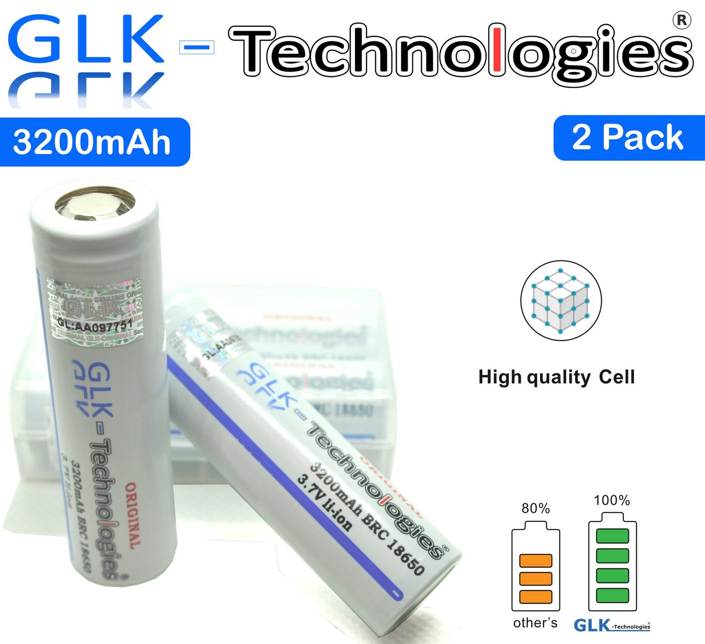 GLK-Technologies 2 Pack High Power Akkuzellen VTC6 Flat top, 3200 mAh, 30A / 3,7V Akku LED Taschenlampe Weihnachtsolarleuchte Stromversorgung und mehr, 18650 Wiederaufladbarer Batterie, 2022 B.j Zusatz-Akku 3200 mAh (3.7 V) von GLK-Technologies