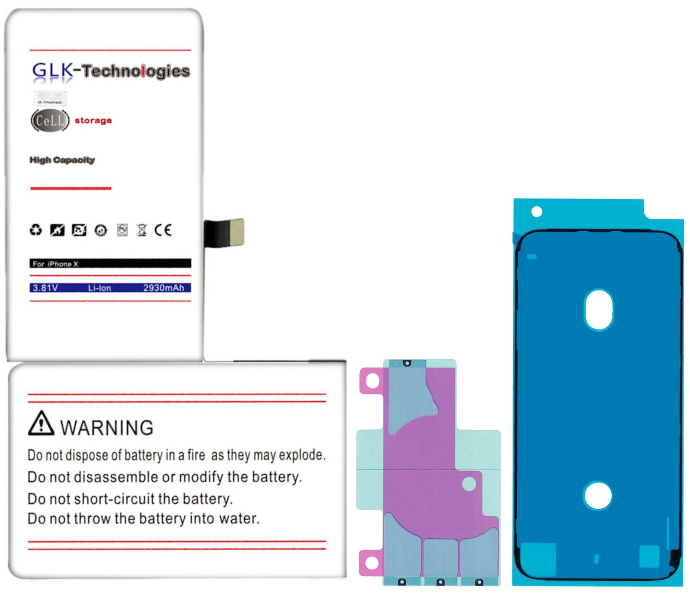GLK-Technologies Ersatz Akku für Apple iPhone X 10 inkl. 2X Klebebandsätze Smartphone-Akku 2930 mAh (3,8 V) von GLK-Technologies