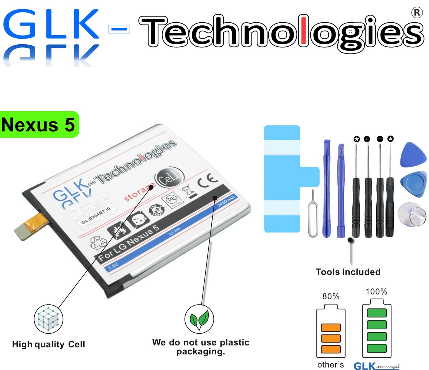 GLK-Technologies GLK-TECHNOLOGIES MEGA Akku für LG Google Nexus 5 D821 D820 BL-T9 battery NEU Smartphone-Akku 2450 mAh (3.8 V) von GLK-Technologies