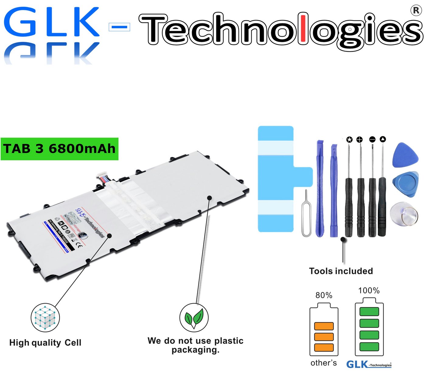 GLK-Technologies GLK-Technologies High Power Ersatzakku kompatibel mit Samsung Galaxy Tab 3 10.1 GT P5200 P5210 P5220, Original Battery, accu, 6800mAh Akku, inkl. Werkzeug Set Kit Tablet-Akku 6800 mAh (3.8 V, 1 St) von GLK-Technologies