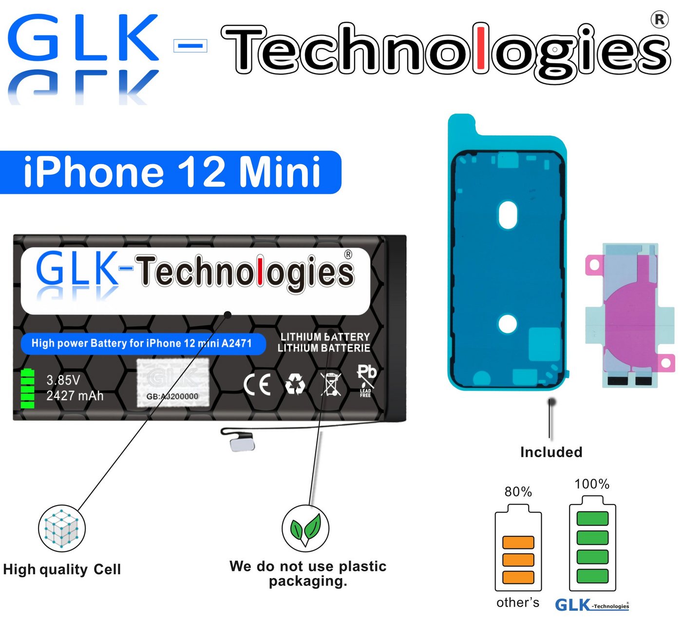 GLK-Technologies GLK für iPhone 12 Mini A2176 Akku inkl. 2X Klebebandsätze Handy-Akku von GLK-Technologies