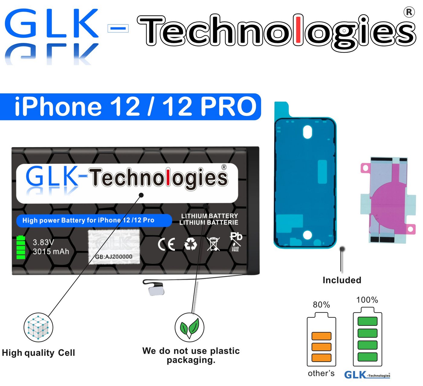 GLK-Technologies GLK für iPhone 12 Pro / 12 Akku inkl. 2x Klebebandsätze Handy-Akku von GLK-Technologies