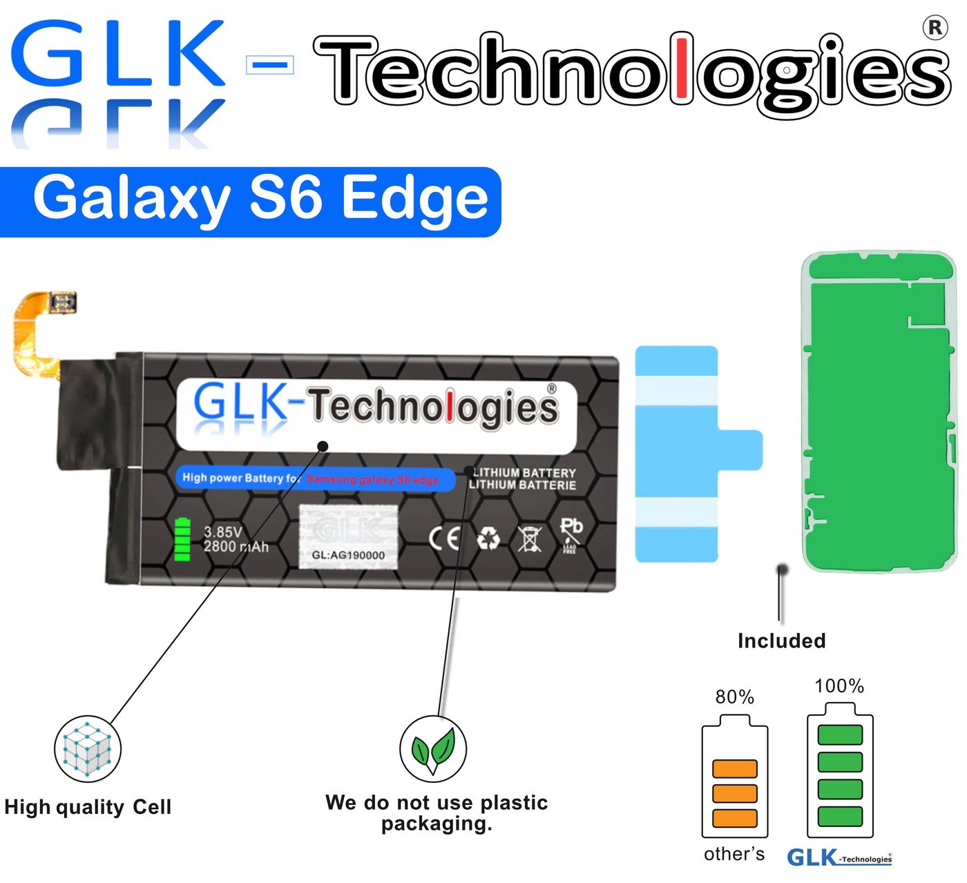 GLK-Technologies High-Capacity Ersatzakku kompatibel mit Samsung Galaxy S6 Edge SM-G925F / EB-BG925ABE, Original GLK-Technologies Battery, accu, 2800 mAh Akku, Ohne Set Smartphone-Akku 2800 mAh von GLK-Technologies