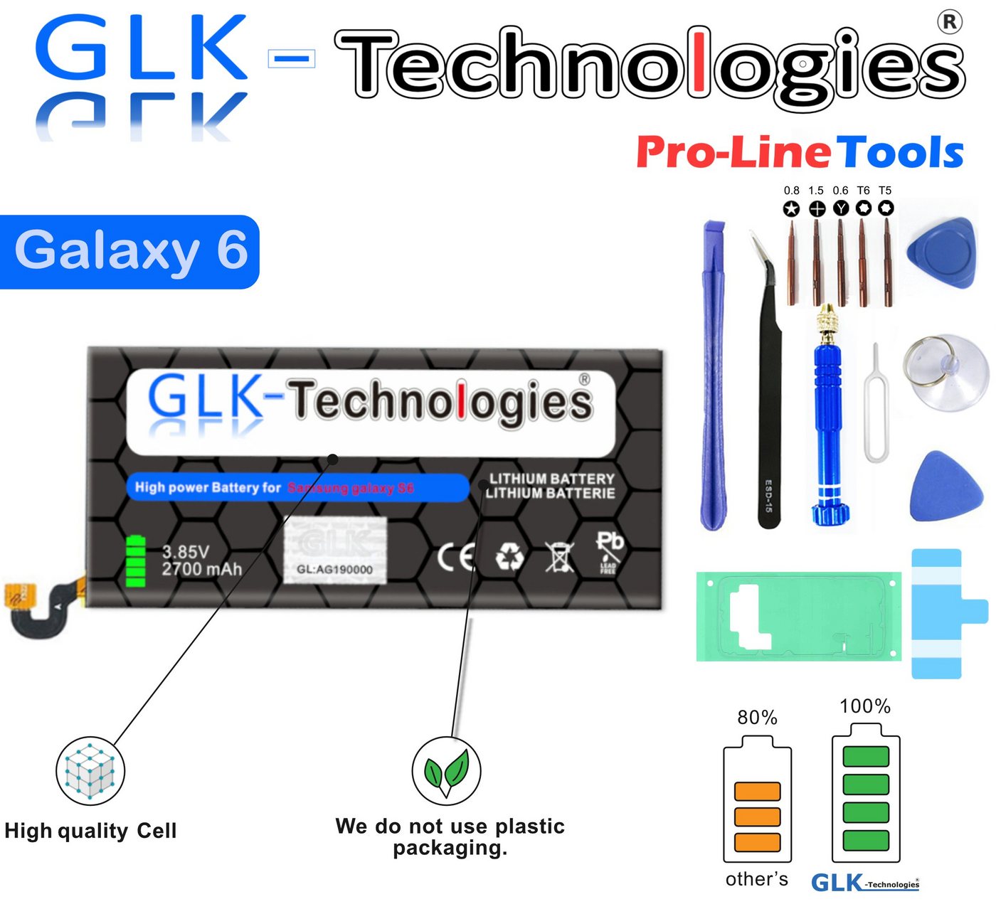 GLK-Technologies High-Capacity Ersatzakku kompatibel mit Samsung Galaxy S6 SM-G920F / EB-BG920ABE, Original GLK-Technologies Battery, accu, 2700 mAh Akku, inkl. Werkzeug Set Kit Smartphone-Akku 2700 mAh (3.85 V) von GLK-Technologies