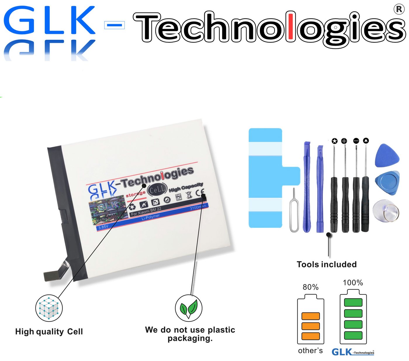 GLK-Technologies High Power Akku BM22 für Xiaomi Mi 5 / Mi 5 Pro, Original GLK-Technologies® Batterie, 3100 mAh // inkl Werkzeugset // NEU Smartphone-Akku 3100 mAh von GLK-Technologies