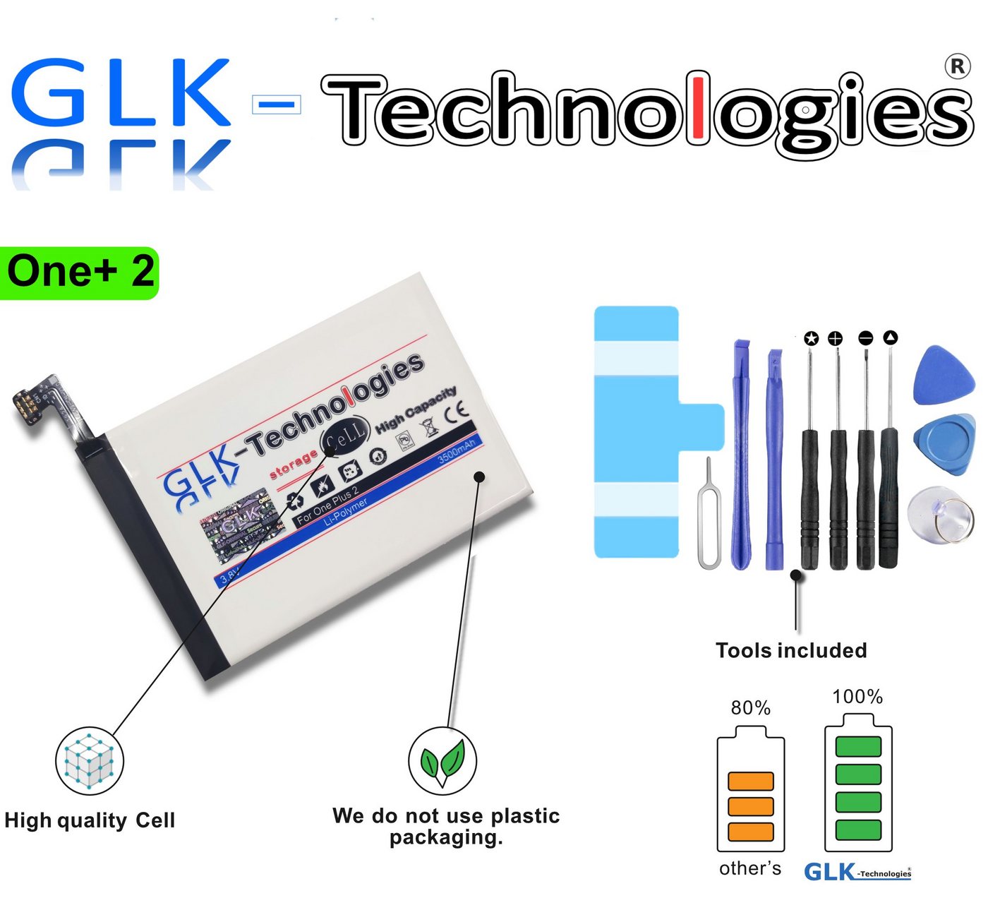 GLK-Technologies High Power Akku für 1+ ONEPLUS 2 BLP597, Original GLK-Technologies® Batterie, 3500 mAh // inkl Werkzeugset // NEU Smartphone-Akku 3500 mAh (3.8 V) von GLK-Technologies