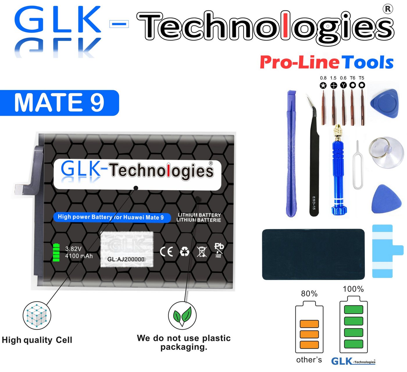 GLK-Technologies High Power Akku kompatibel mit Huawei Mate 9 Akku, GLK-Technologies Battery, accu, 4100mAh Akku, inkl. Profi Werkzeug Set Kit NUE Smartphone-Akku 4100 mAh (3.8 V) von GLK-Technologies