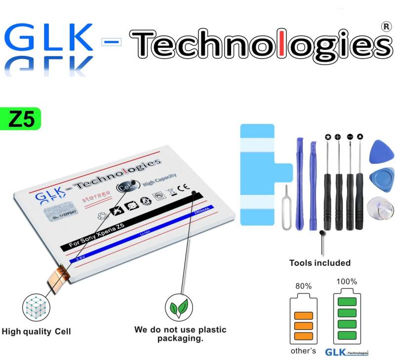 GLK-Technologies High Power Akku kompatibel mit Sony Xperia Z5 LIS1593ERPC, 2900 mAh, Original GLK-Technologies® Battery, inkl Werkzeugset // NEU Smartphone-Akku 2900 mAh (3.8 V) von GLK-Technologies