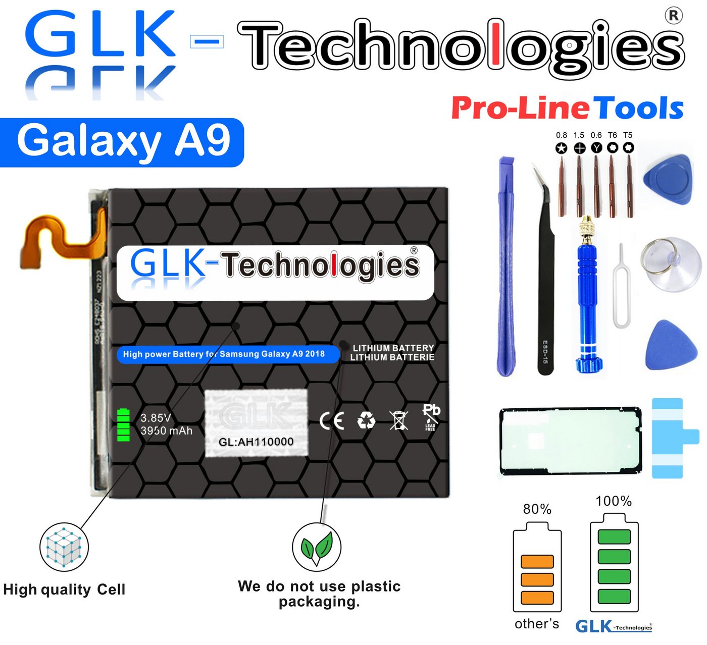 GLK-Technologies High Power Ersatz Akku kompatibel mit Samsung Galaxy A9 2018 A920F EB-BA920ABU, GLK-Technologies Battery, accu, 3950mAh, inkl. Werkzeug Set Kit Smartphone-Akku 3950 mAh (3.8 V) von GLK-Technologies