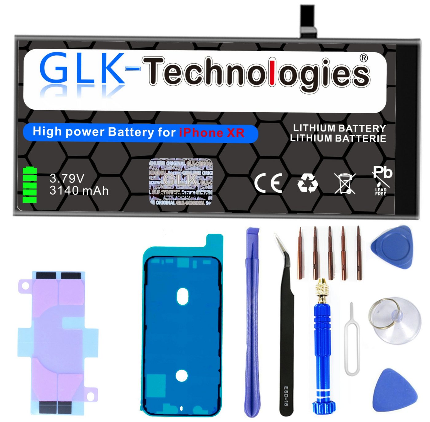 GLK-Technologies High Power Ersatzakku für Apple iPhone XR mit Öffnungswerkzeug Smartphone-Akku 3140 mAh (3,8 V) von GLK-Technologies