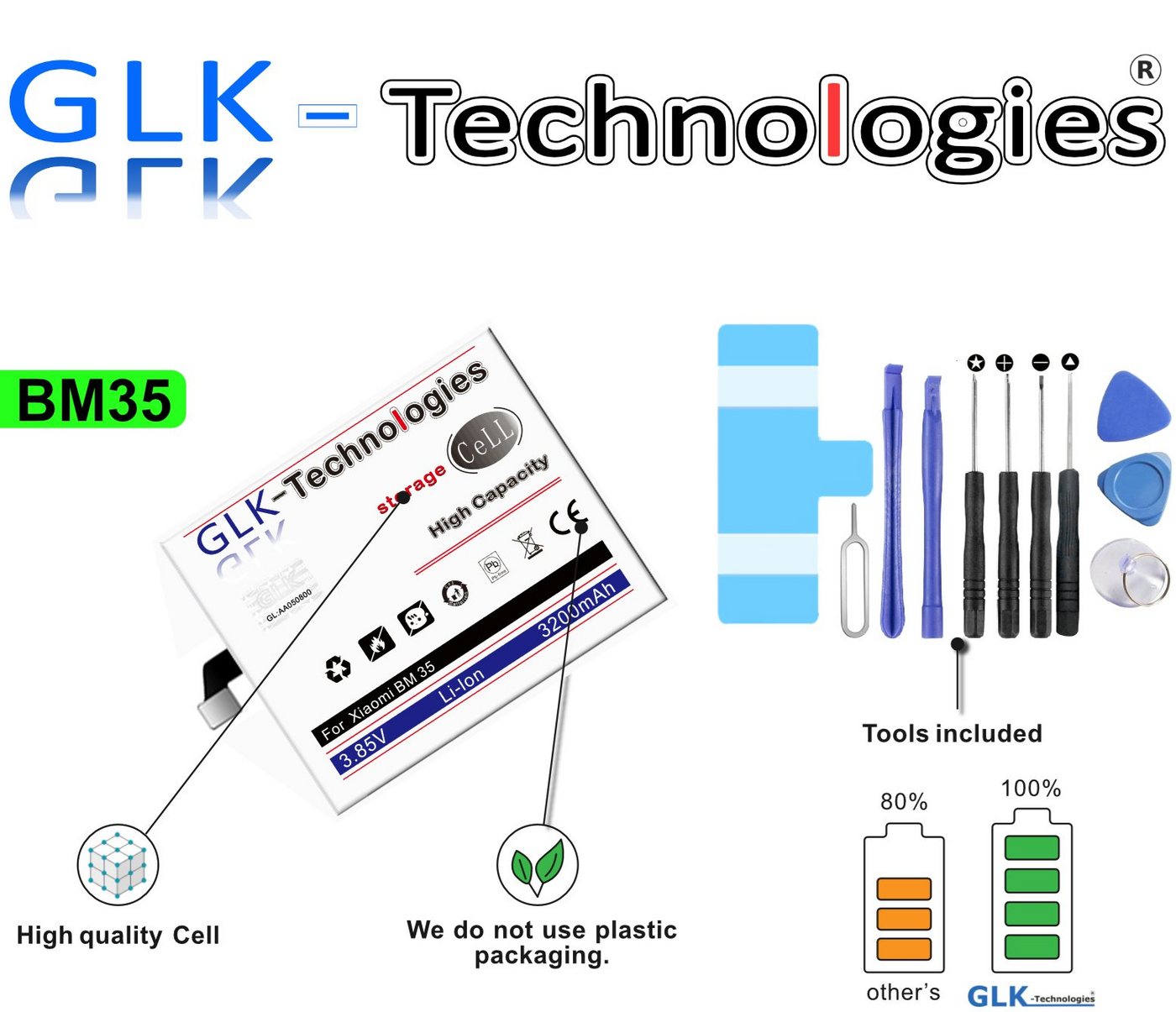 GLK-Technologies High Power Ersatzakku für Xiaomi Mi 4C BM35, Original GLK-Technologies Battery, accu, 3200 mAh Akku, inkl. Werkzeug Set Kit Smartphone-Akku 3200 mAh von GLK-Technologies