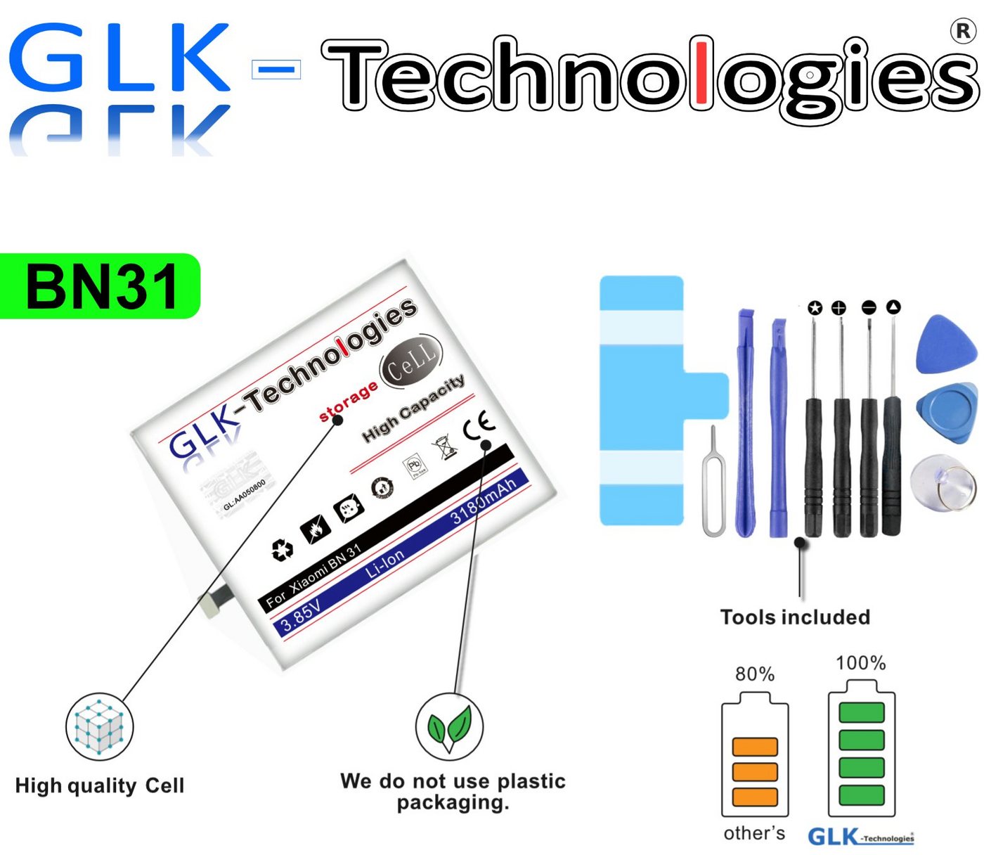 GLK-Technologies High Power Ersatzakku für Xiaomi Mi A1 Mi 5X Note 5A Redmi S2 Y2 Akku BN31, Original GLK-Technologies Battery, accu, 3180 mAh Akku, inkl. Werkzeug Set Kit NEU Smartphone-Akku 3180 mAh von GLK-Technologies